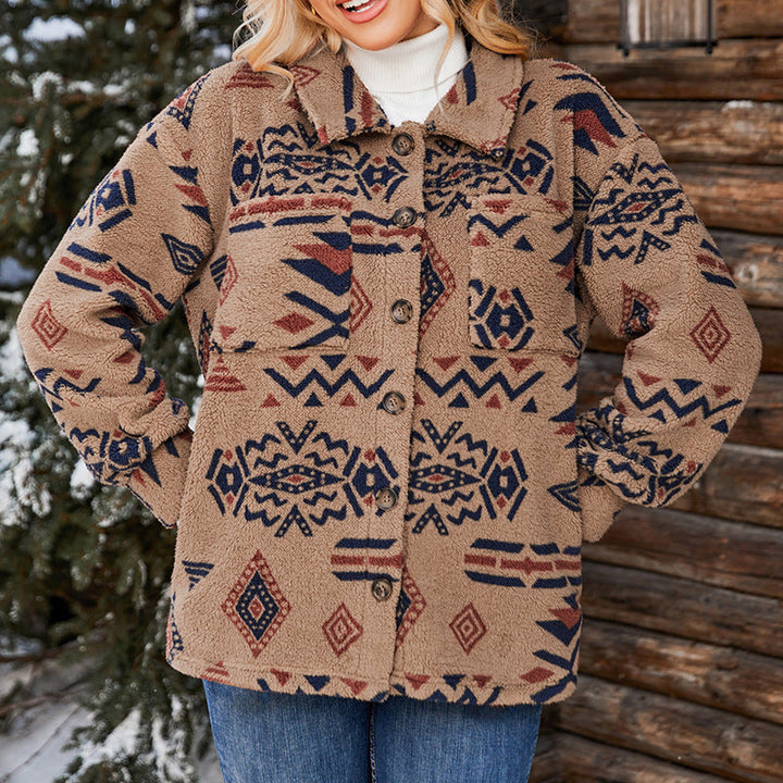 Drune | Damen Oversized Plüsch Jacke Fuzzy Geometrisches Muster