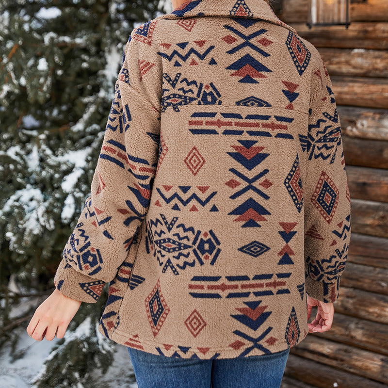 Drune | Damen Oversized Plüsch Jacke Fuzzy Geometrisches Muster