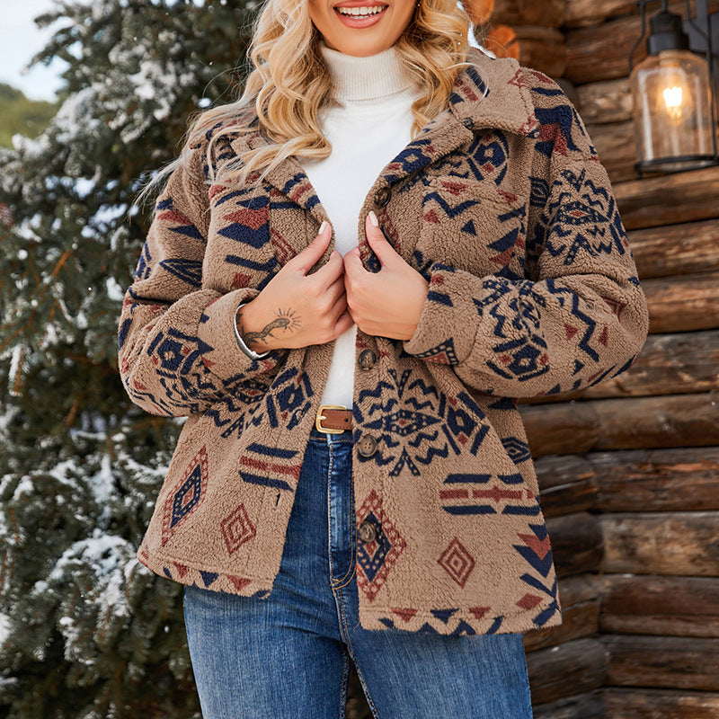 Drune | Damen Oversized Plüsch Jacke Fuzzy Geometrisches Muster