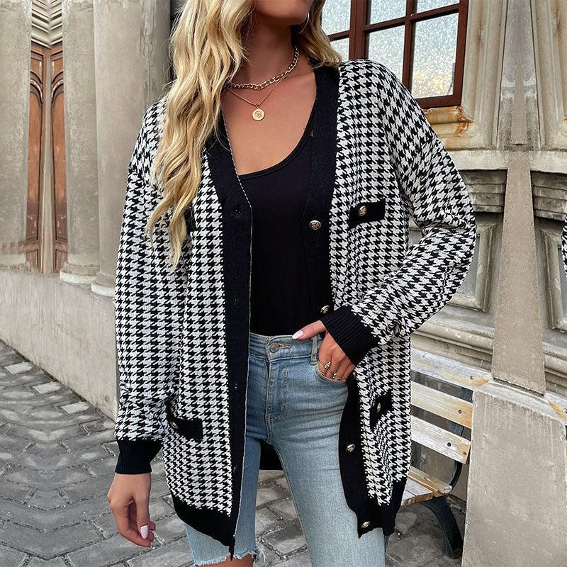 Drune | Cardigan - Damen Herbst Mid-Length Hahnentritt Knopf-Front Cardigan