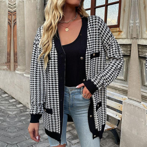 Drune | Cardigan - Damen Herbst Mid-Length Hahnentritt Knopf-Front Cardigan