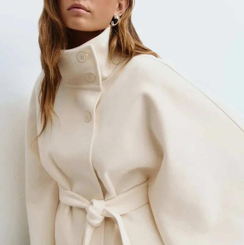 Drune | Damen Bleistift-Hals Kurze Cape Jacke Mit Gürtel Taille