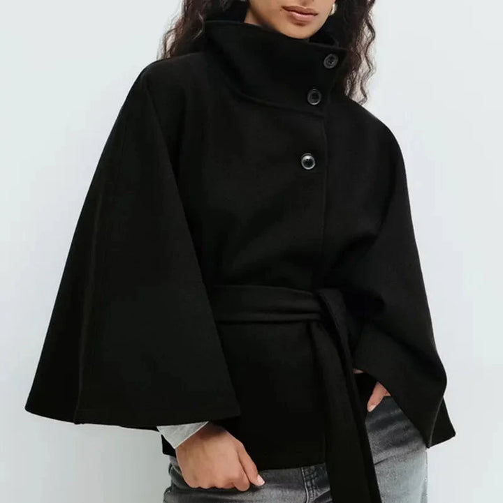 Drune | Damen Bleistift-Hals Kurze Cape Jacke Mit Gürtel Taille