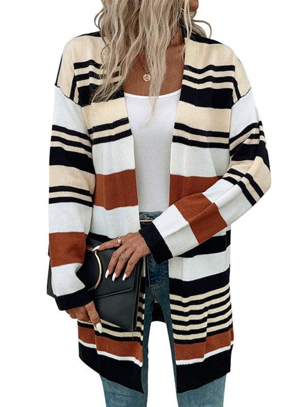 Drune | Cardigan - Damen Herbst Streifen Farbkasten Mittellanger Cardigan
