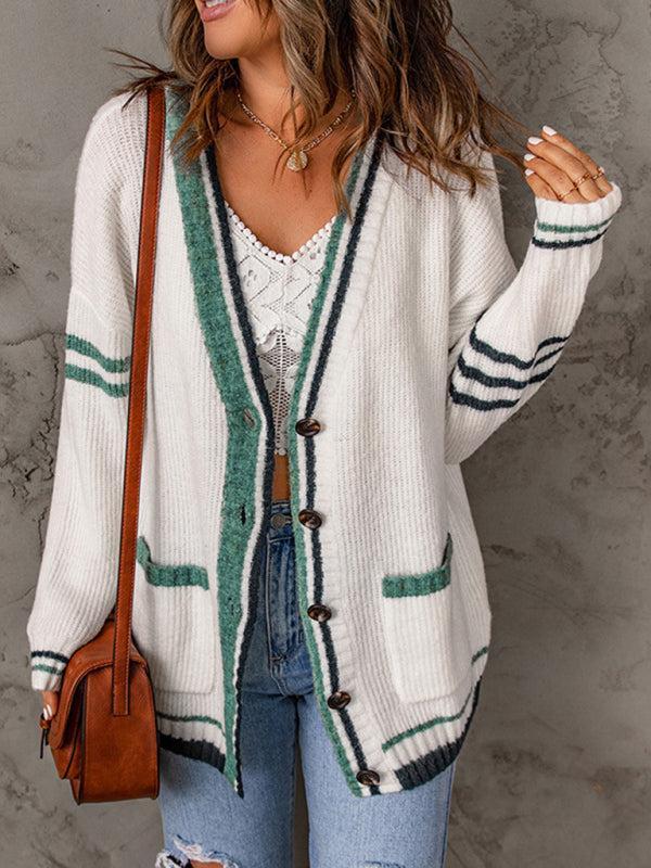 Drune | Cardigan - Damen Herbst Streifenrand Kabelstrick V-Ausschnitt Cardigan mit Taschen