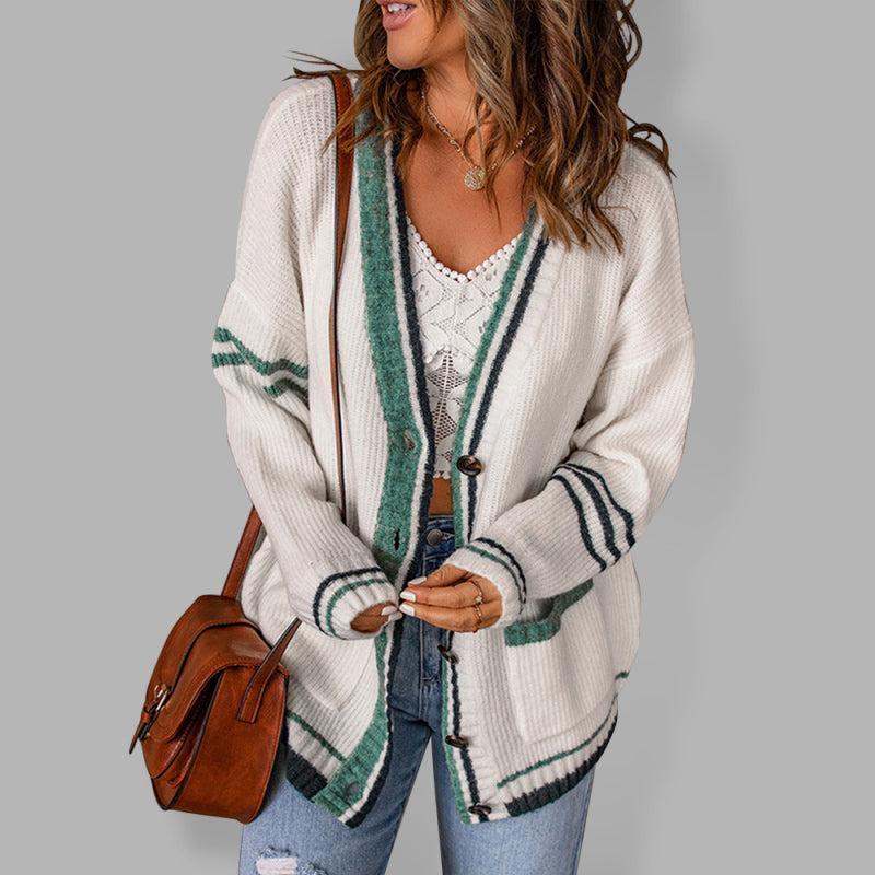 Drune | Cardigan - Damen Herbst Streifenrand Kabelstrick V-Ausschnitt Cardigan mit Taschen