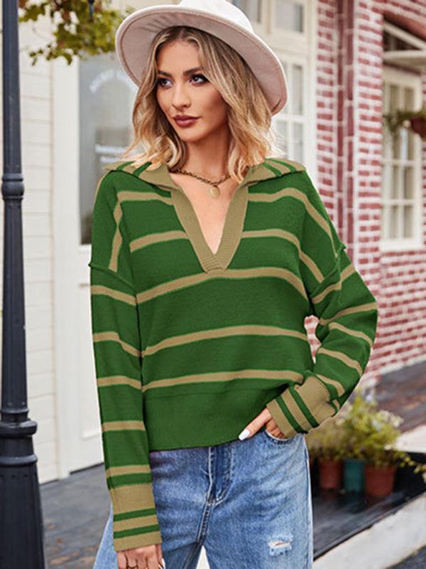 Drune | Pullover - Damen Herbststreifen V-Ausschnitt Kragen Strickpullover