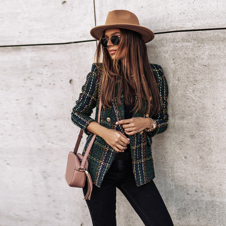 Drune | Tweed Check Doppelreiher Blazer – Vintage Fit, Goldene Knöpfe