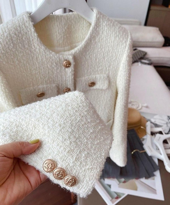 Drune | Damen Tweed Jacke mit Rundhalsausschnitt und Knopf Leiste