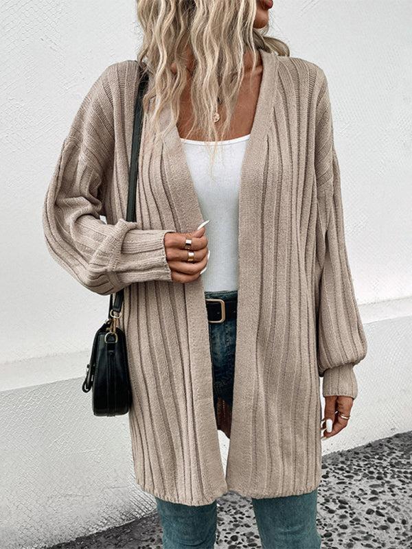 Drune | Cardigan - Damen Herbst Weitgerippter Offener Front Mittellanger Cardigan