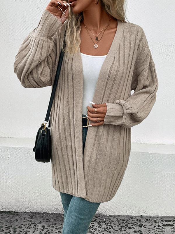 Drune | Cardigan - Damen Herbst Weitgerippter Offener Front Mittellanger Cardigan