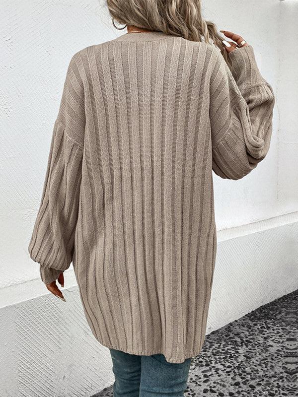 Drune | Cardigan - Damen Herbst Weitgerippter Offener Front Mittellanger Cardigan