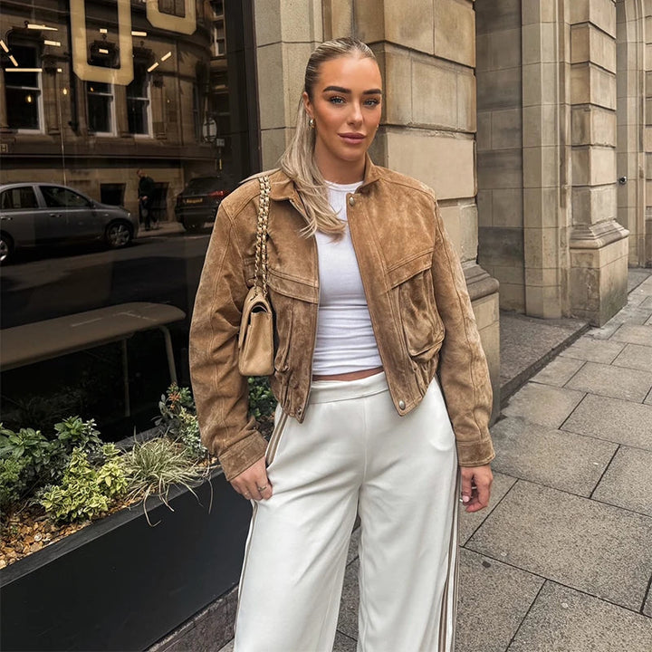 Drune | Jacke - Vintage Wildleder Kurz mit Lässiger Passform und Reißverschluss-Taschen