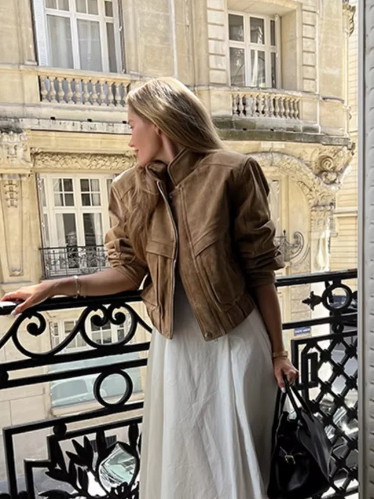 Drune | Jacke - Vintage Wildleder Kurz mit Lässiger Passform und Reißverschluss-Taschen