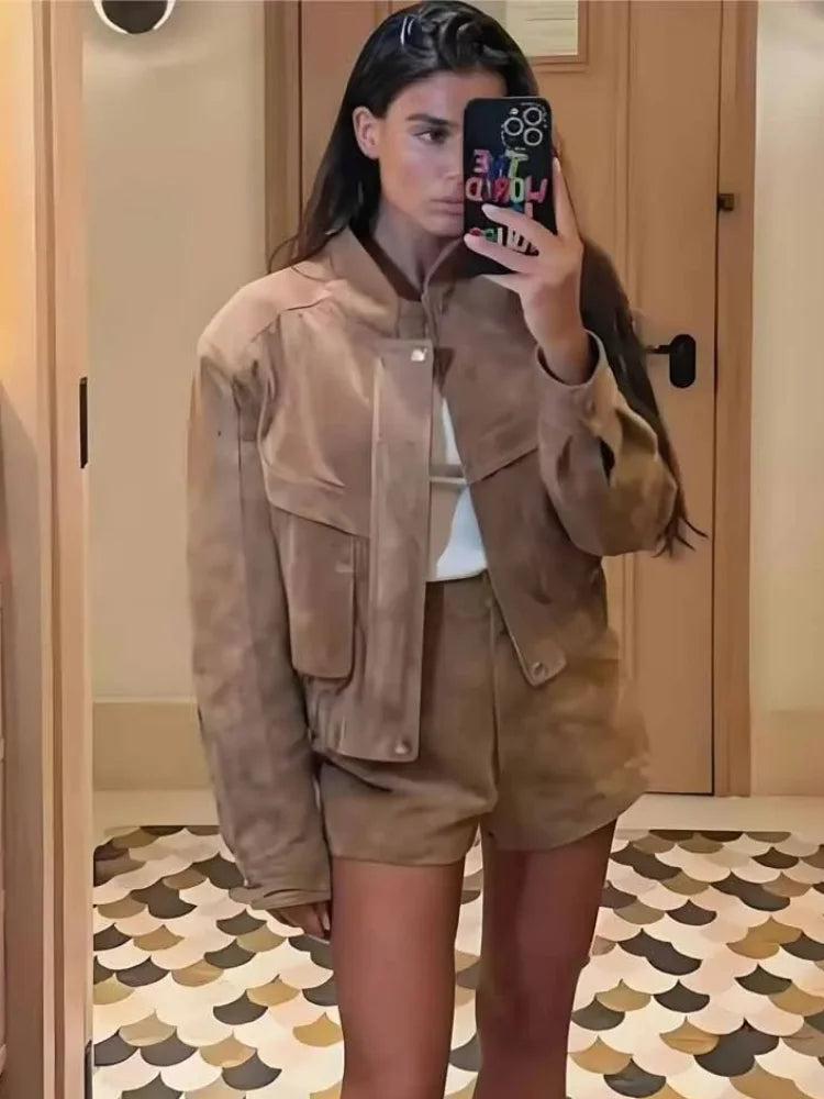 Drune | Jacke - Vintage Wildleder Kurz mit Lässiger Passform und Reißverschluss-Taschen