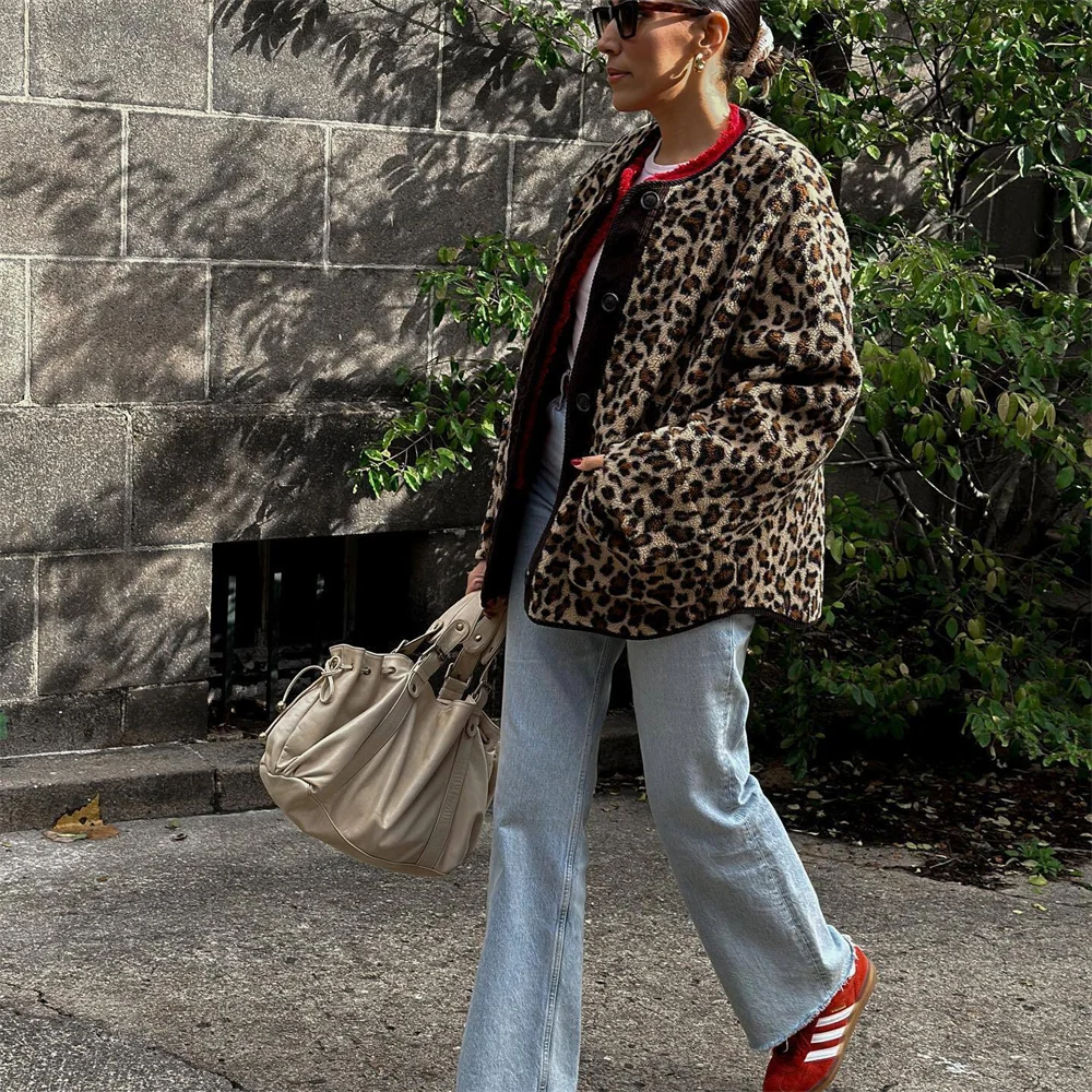 Drune | Mantel Damen - Trendy Leopardenmuster O-Ausschnitt Jacke für Stil