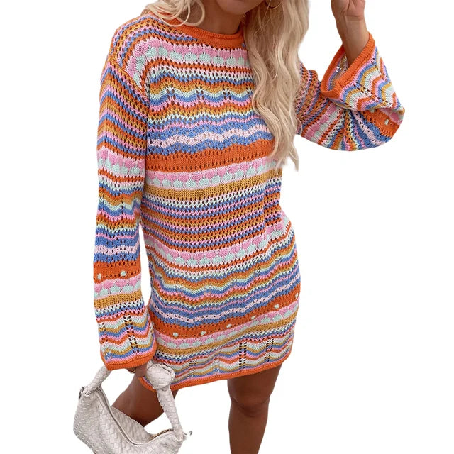 Drune | Designer Bohème gestreiftes Strick-Häkel-Pullover-Kleid
