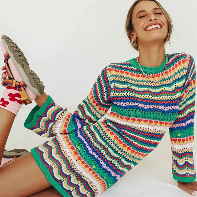 Drune | Designer Bohème gestreiftes Strick-Häkel-Pullover-Kleid