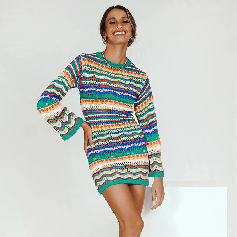 Drune | Designer Bohème gestreiftes Strick-Häkel-Pullover-Kleid