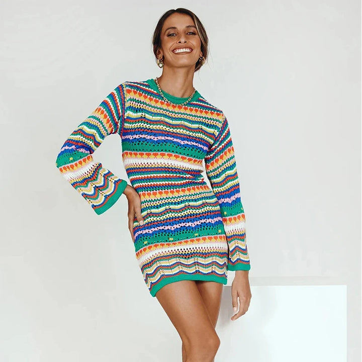 Drune | Designer Bohème gestreiftes Strick-Häkel-Pullover-Kleid