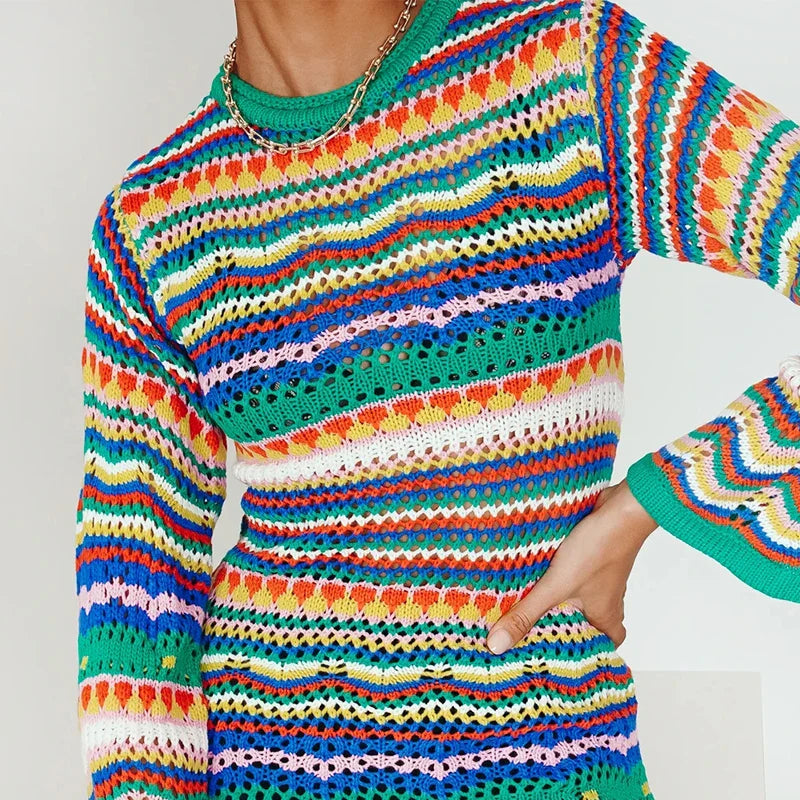 Drune | Designer Bohème gestreiftes Strick-Häkel-Pullover-Kleid