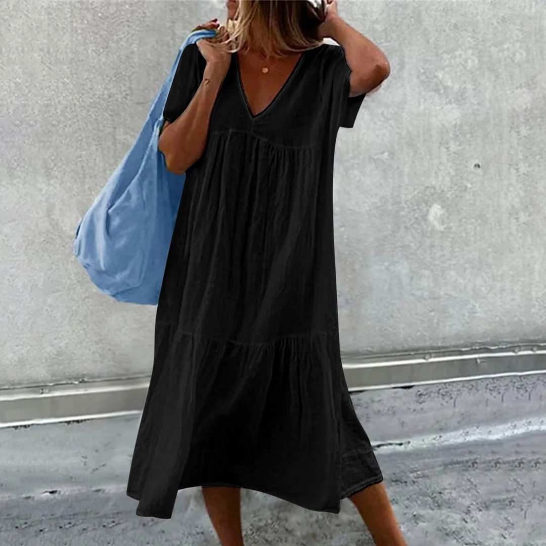 Drune | Damen Freizeitkleid mit V-Ausschnitt und einfacher Handtasche