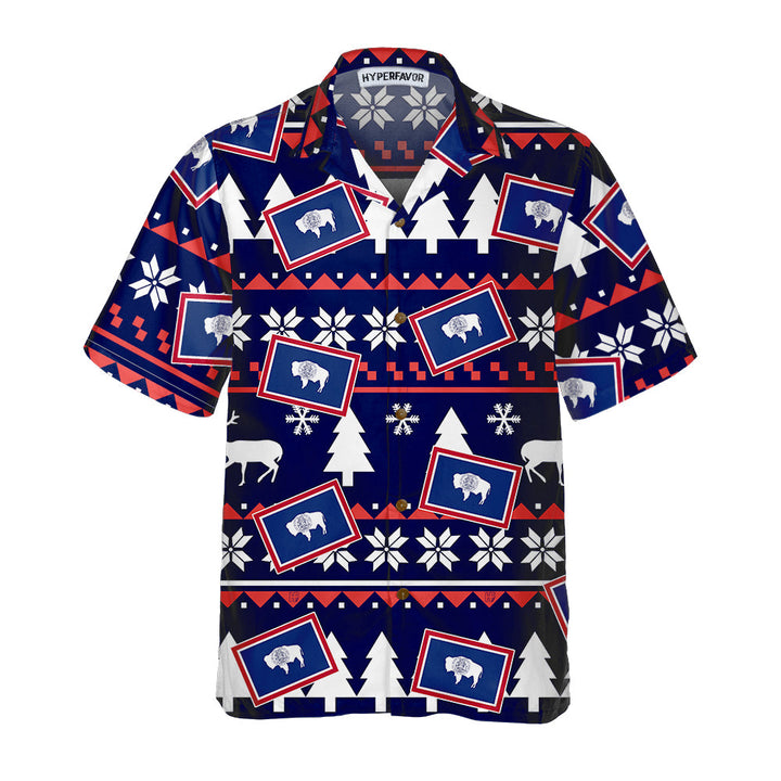 Drune | Wyoming Hässlicher Weihnachtsmuster Hawaiian Shirt, Wyoming State Weihnachtshemd für Herren