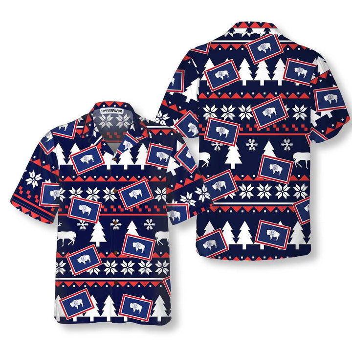 Drune | Wyoming Hässlicher Weihnachtsmuster Hawaiian Shirt, Wyoming State Weihnachtshemd für Herren