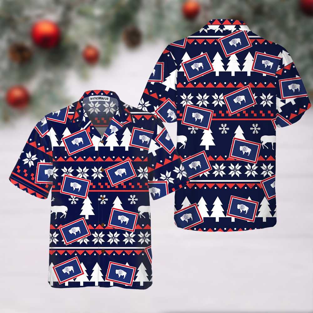 Drune | Wyoming Hässlicher Weihnachtsmuster Hawaiian Shirt, Wyoming State Weihnachtshemd für Herren