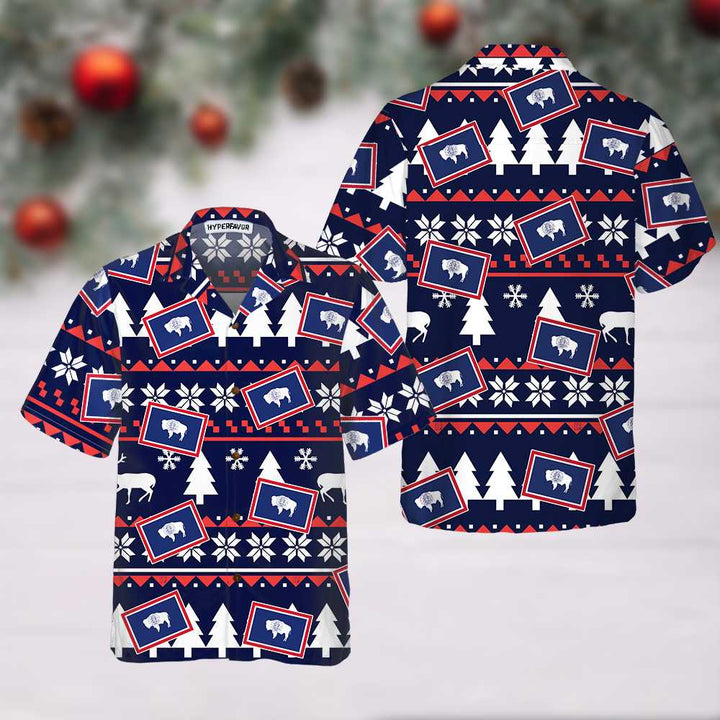 Drune | Wyoming Hässlicher Weihnachtsmuster Hawaiian Shirt, Wyoming State Weihnachtshemd für Herren