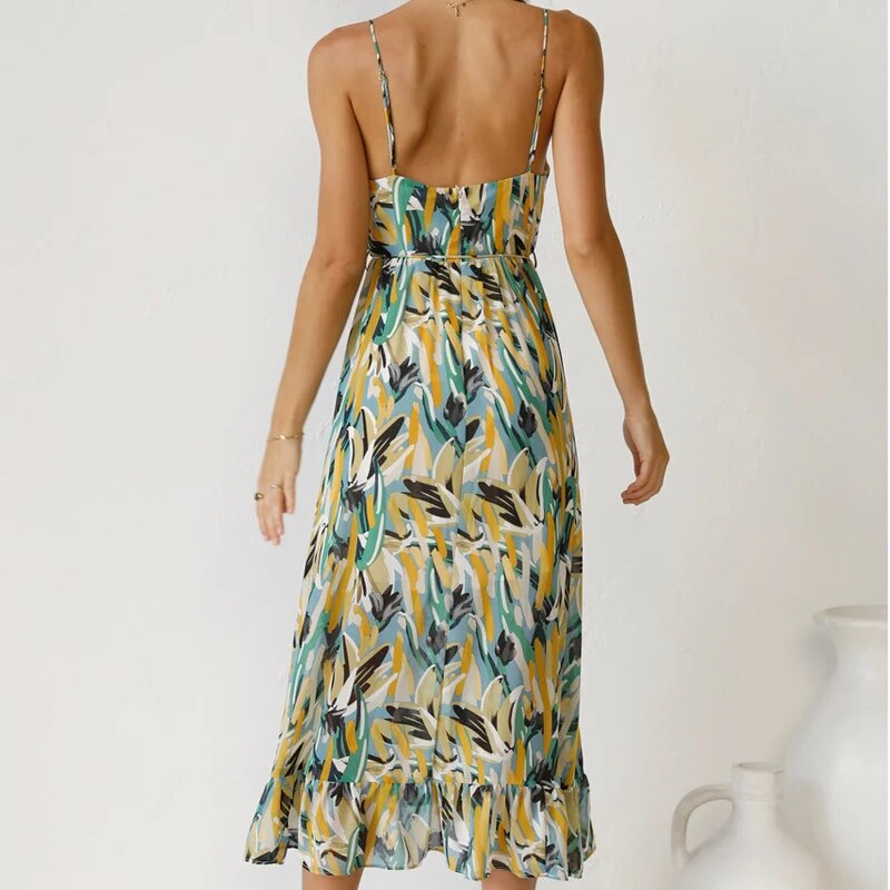 Drune Sommerkleid | Midi Damenkleid mit offenem Rücken und Ausschnitt, bedruckt