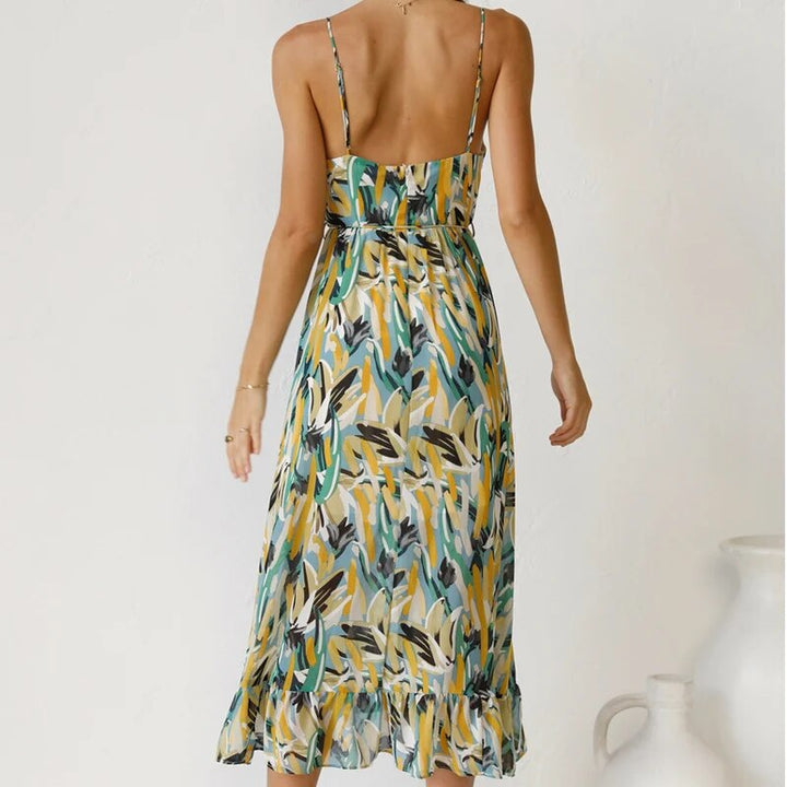 Drune Sommerkleid | Midi Damenkleid mit offenem Rücken und Ausschnitt, bedruckt