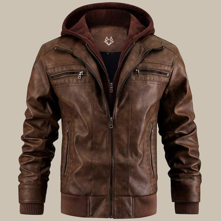 Drune | Urban Streetwear Kunstlederjacke mit abnehmbarer Kapuze - Modische Übergangsjacke für Alltag und Freizeit