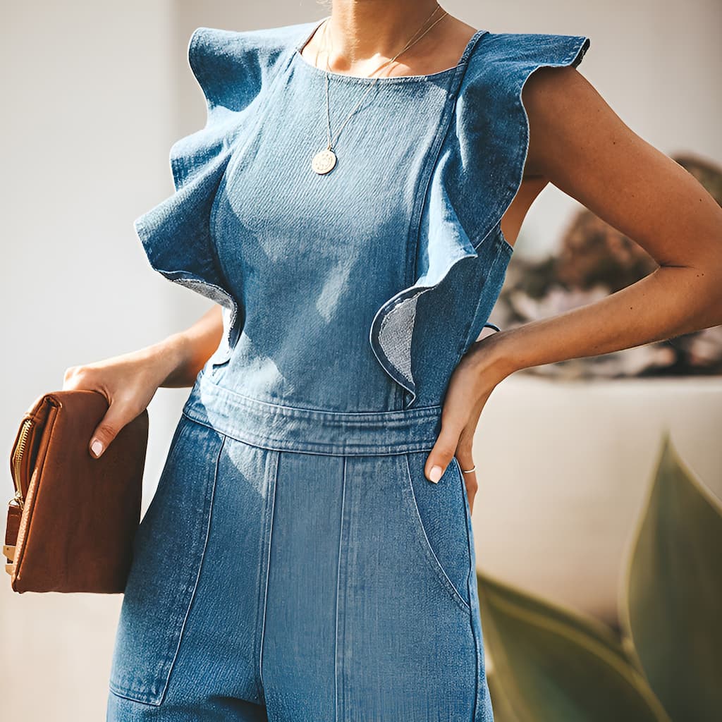 Drune | Denim Jumpsuit mit Rüschen