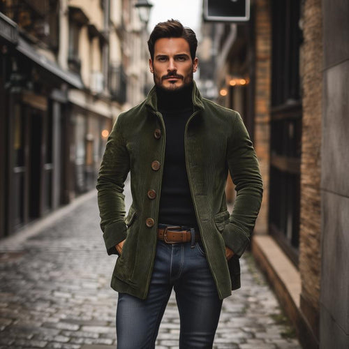 Drune | Cordjacke Klassisches Design Taillierte Passform Hoher Kragen