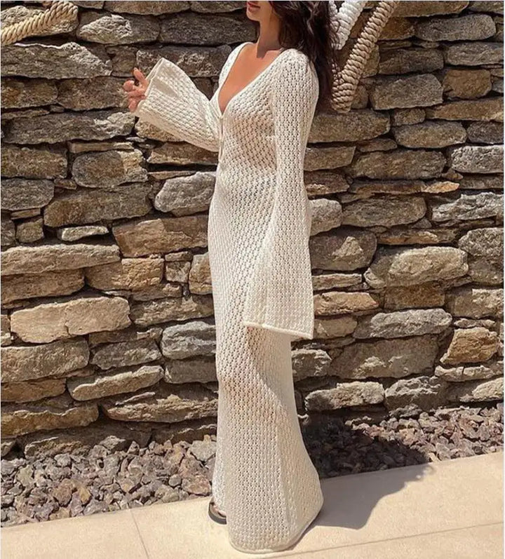Drune | Maxi Strickkleid Häkeltextur V-ausschnitt Lange Ärmel Fließender Boho Stil