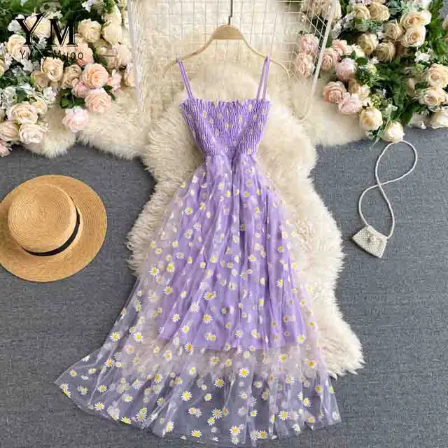 Drune | Damen Sommer Mesh Partykleid mit Gänseblümchen Blumenmuster und Spaghettiträgern