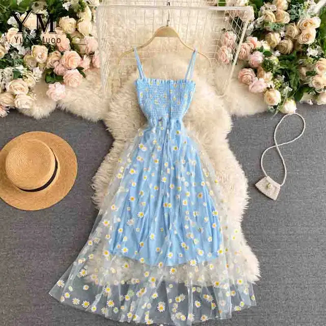 Drune | Damen Sommer Mesh Partykleid mit Gänseblümchen Blumenmuster und Spaghettiträgern