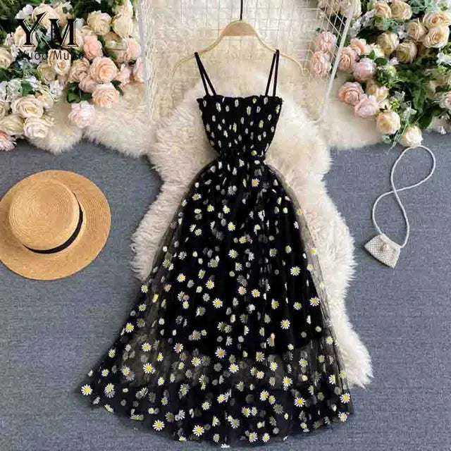 Drune | Damen Sommer Mesh Partykleid mit Gänseblümchen Blumenmuster und Spaghettiträgern