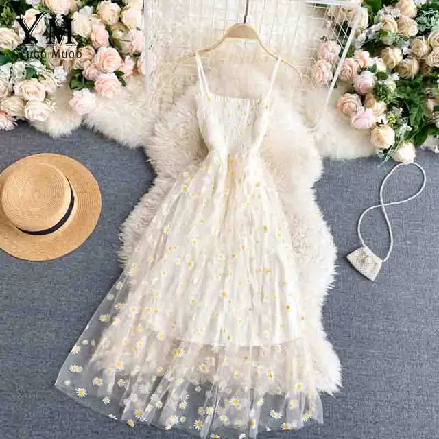 Drune | Damen Sommer Mesh Partykleid mit Gänseblümchen Blumenmuster und Spaghettiträgern