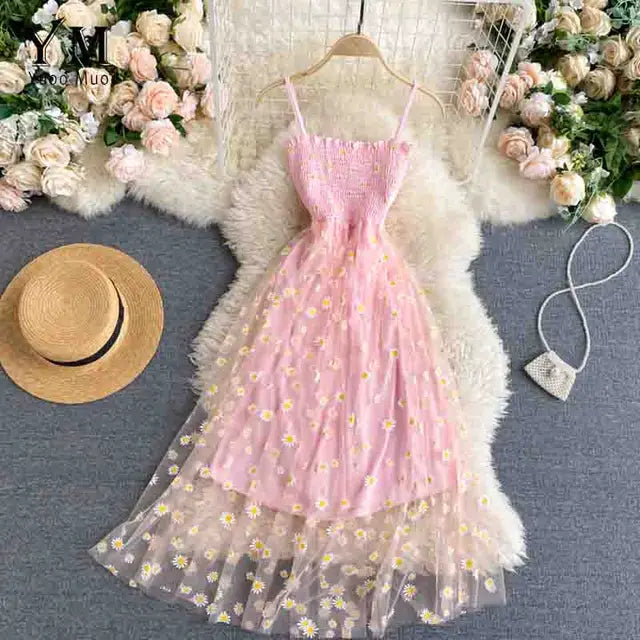 Drune | Damen Sommer Mesh Partykleid mit Gänseblümchen Blumenmuster und Spaghettiträgern