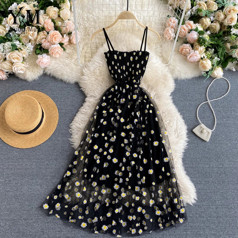 Drune | Damen Sommer Mesh Partykleid mit Gänseblümchen Blumenmuster und Spaghettiträgern