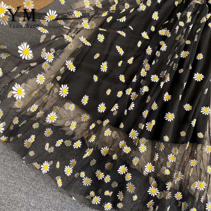 Drune | Damen Sommer Mesh Partykleid mit Gänseblümchen Blumenmuster und Spaghettiträgern