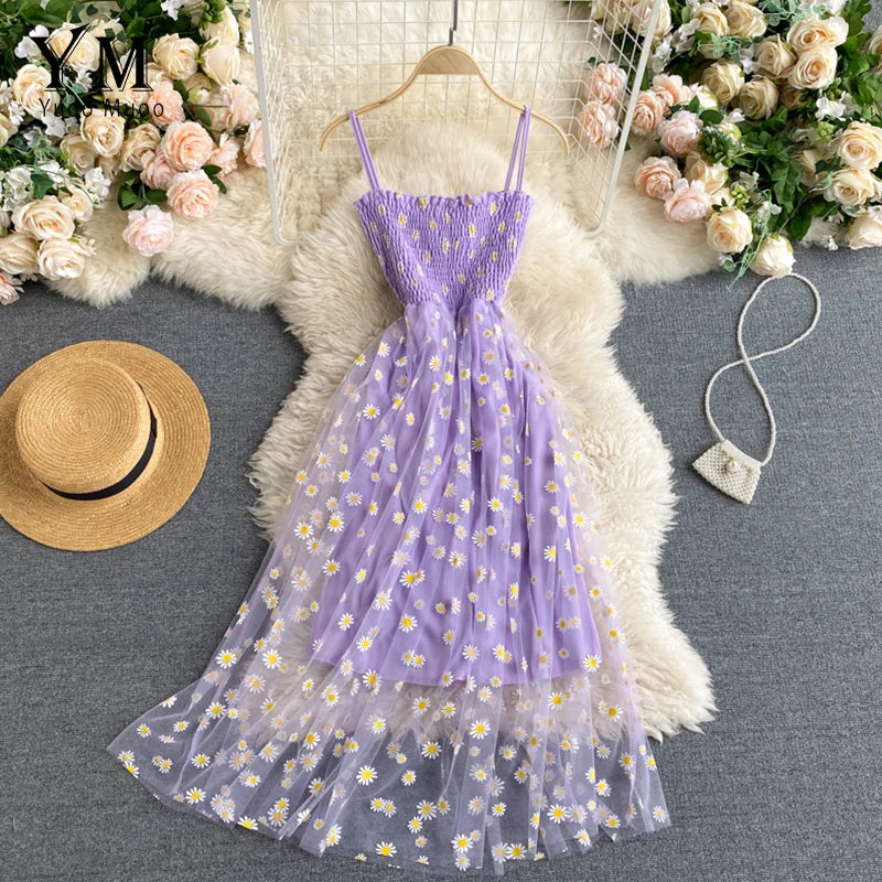 Drune | Damen Sommer Mesh Partykleid mit Gänseblümchen Blumenmuster und Spaghettiträgern
