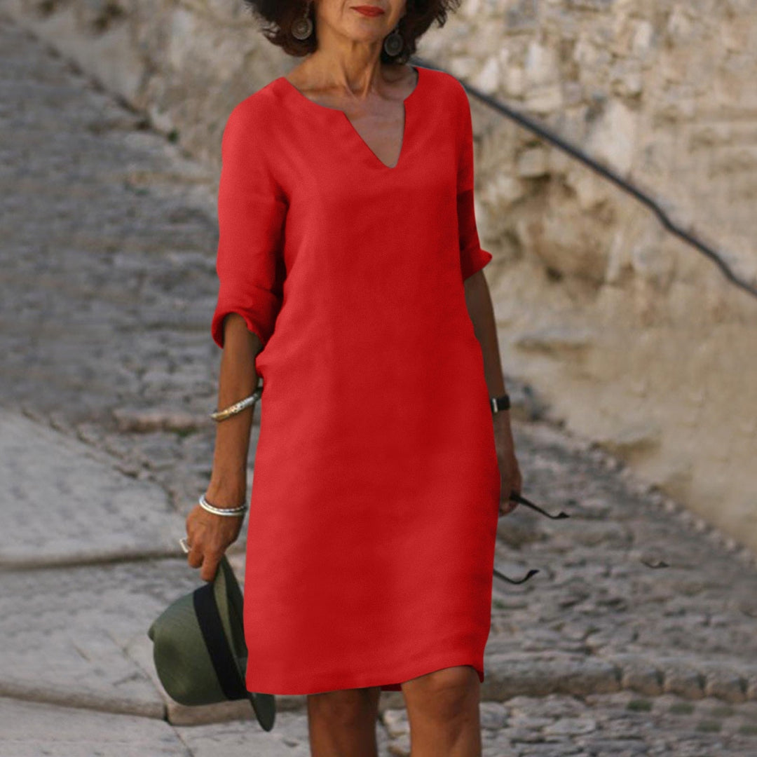 Drune | Lockere Passform Halbe Ärmel Kurzkleid Leinenkleid
