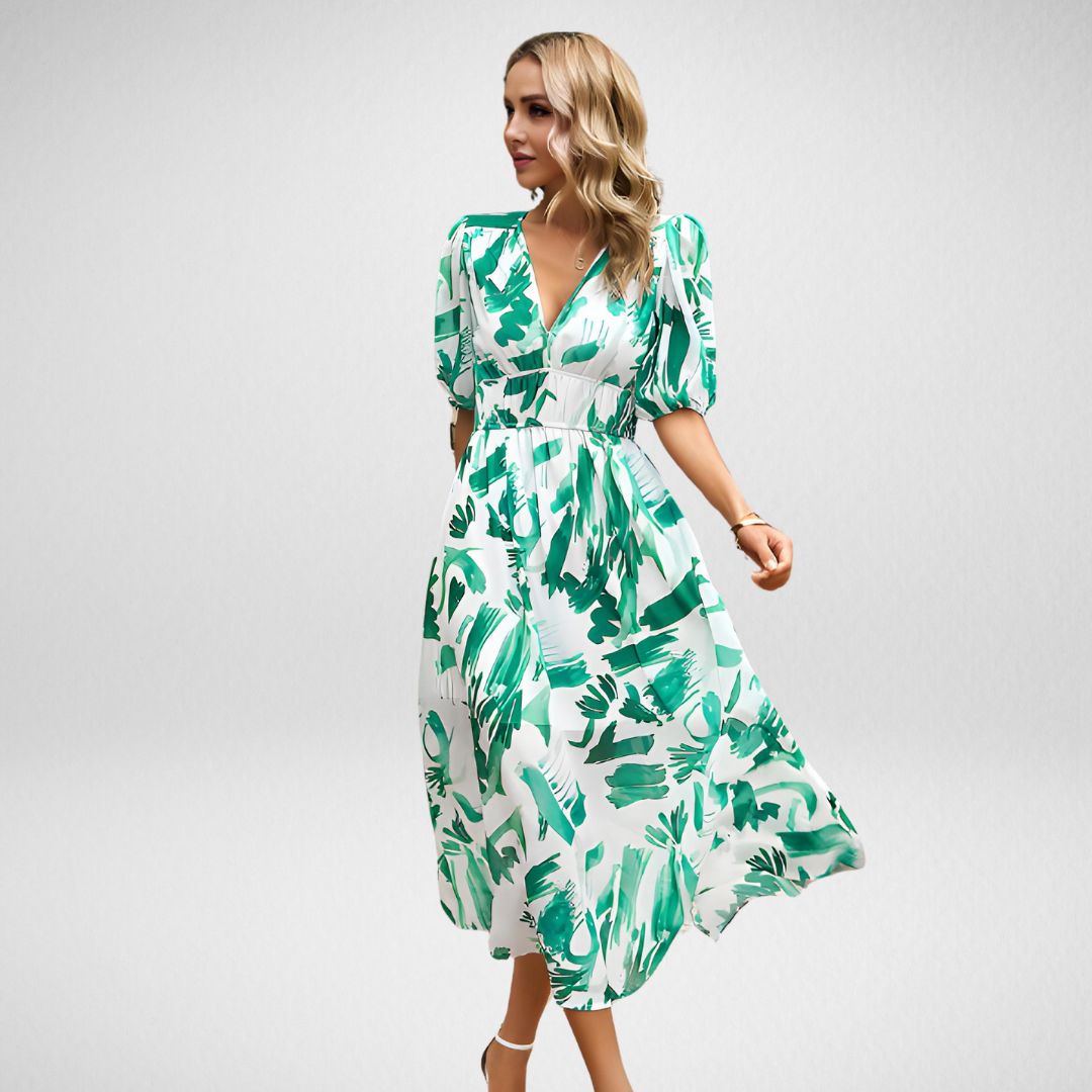 Drune | Abstrakt bedrucktes Maxikleid mit Puffärmeln