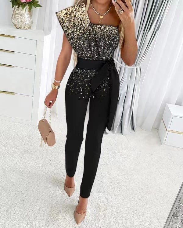 Drune | One Shoulder Jumpsuit Mit Pailletten Und Taillenband
