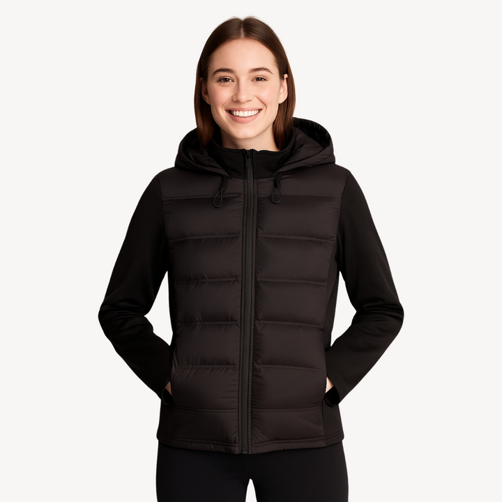 Drune | Damen Schwarze Pufferjacke mit Kapuze und Reißverschluss