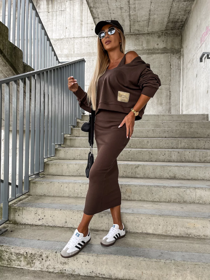 Drune | Set Damen Midi Bodycon Kleid & Sweatshirt Outfit