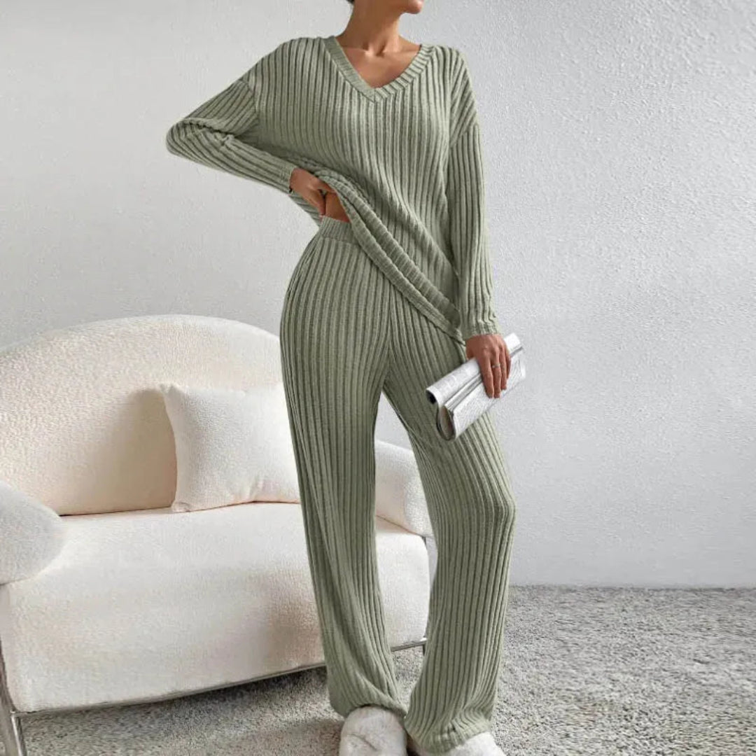 Drune | Loungewear-Set Aus Baumwollmischung mit V-Ausschnitt und Weitbeinhosen